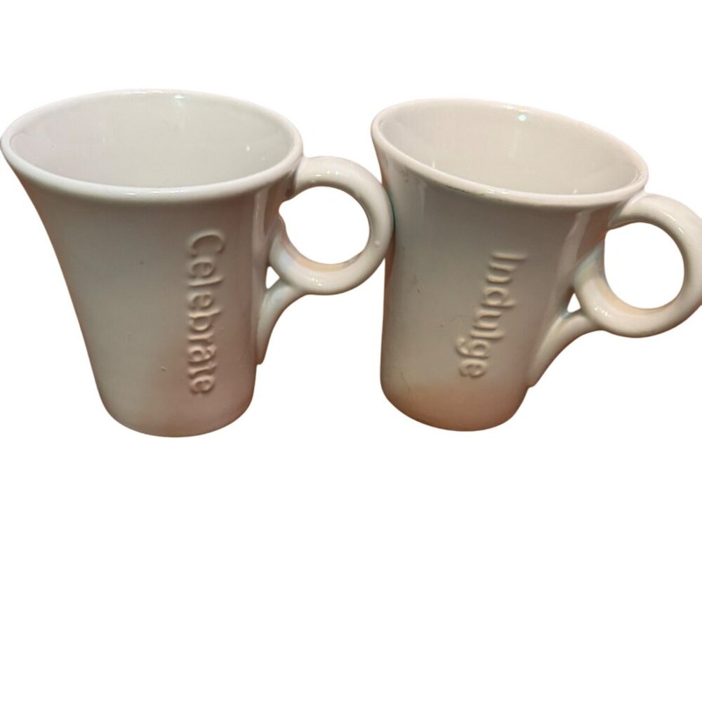 Set Of 2 White Ceramic Embossed Mugs "Celebrate" & "Indulge" Dishwasher & Microw